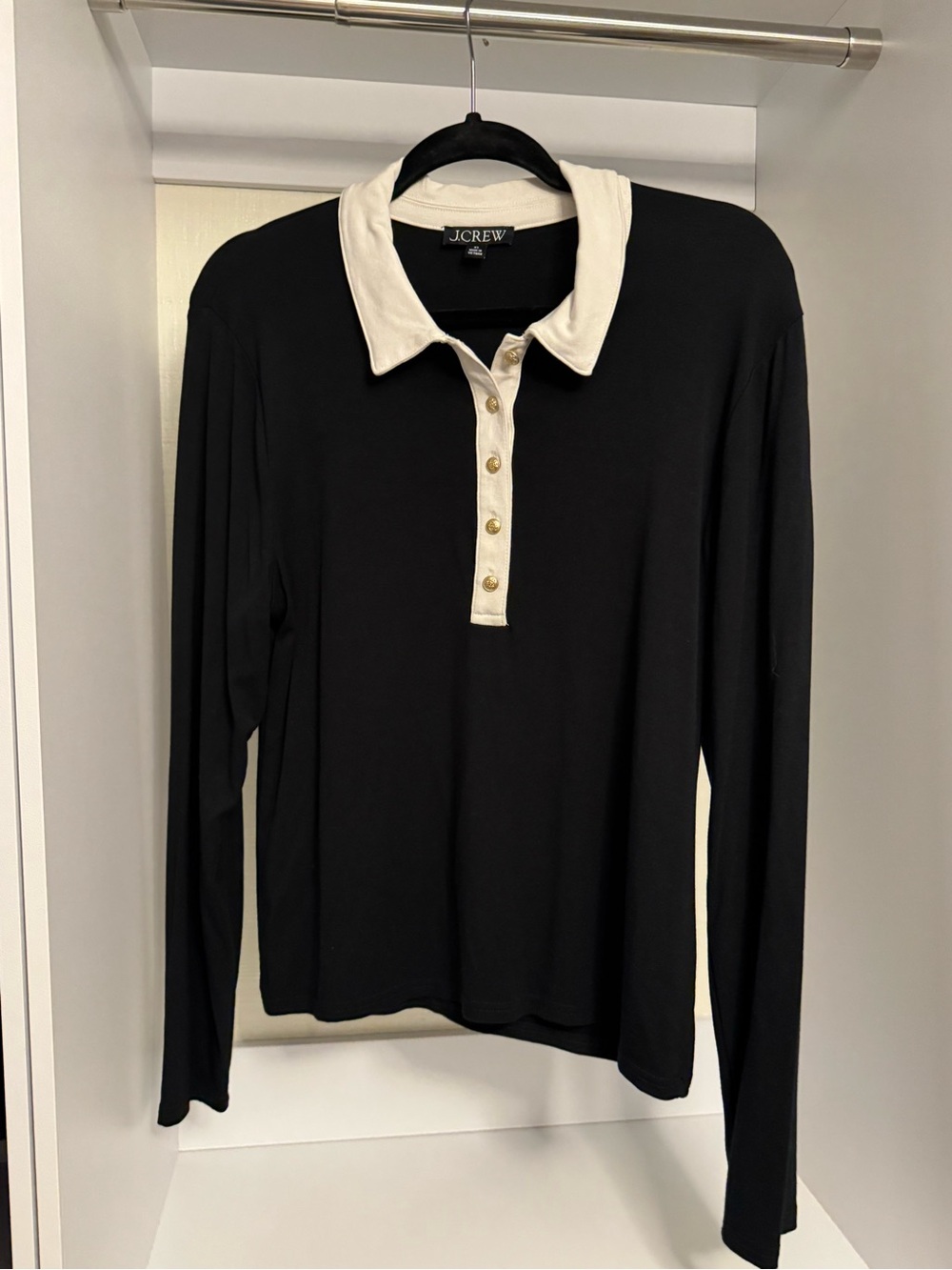 J. Crew Black Long-Sleeve Polo Top with Cream Collar